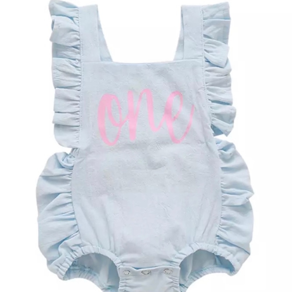 “One Year” baby blue and pink romper